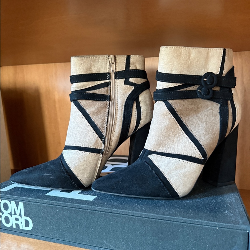 JustFab Black and Tan Ankle Booties with Chic Design